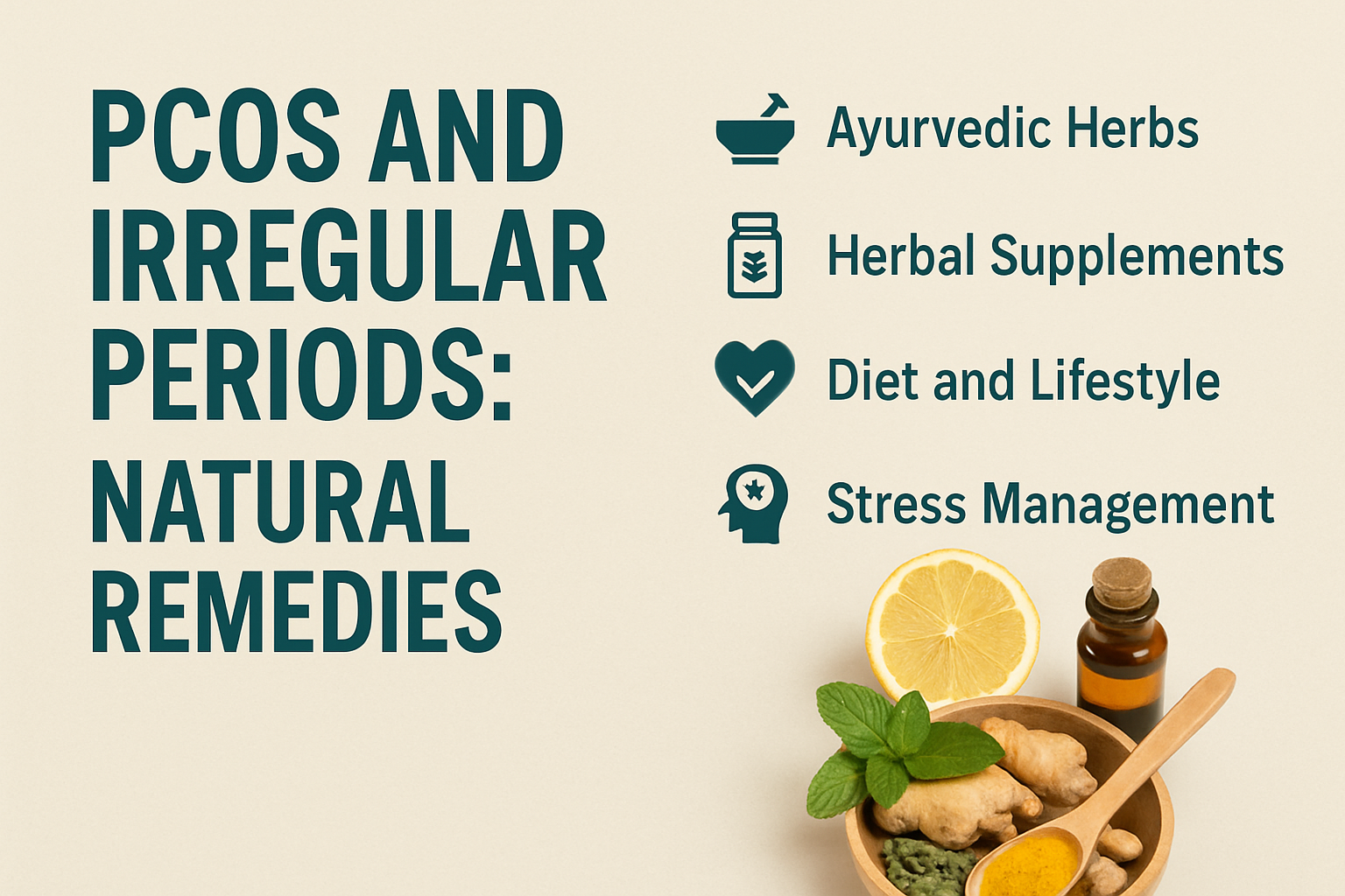 Natural Ayurvedic ingredients including ginger root, mint leaves, turmeric powder, lemon, and an amber herbal extract bottle arranged in a wooden bowl on a neutral background.