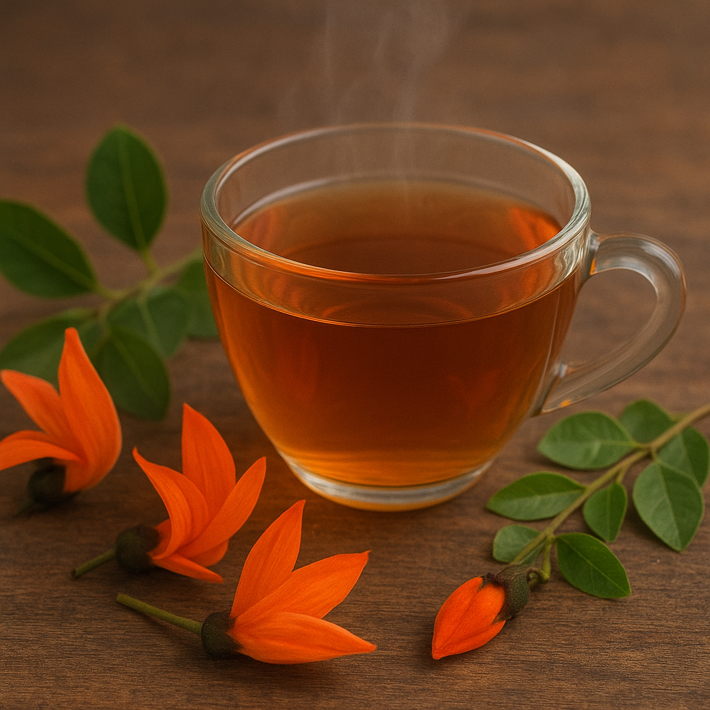 Glass cup of Palash (Flame of the Forest) infusion placed on a wooden surface, surrounded by bright orange Palash flowers and green leaves