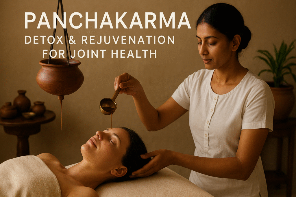 An Ayurvedic therapist performing Panchakarma Shirodhara treatment by pouring warm herbal oil on a woman’s forehead for detox and joint health.