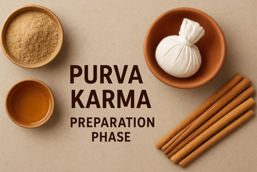A flat lay of Ayurvedic items including herbal powder, oil, a cotton poultice, and cinnamon sticks, symbolizing the Purva Karma preparation phase of Panchakarma.