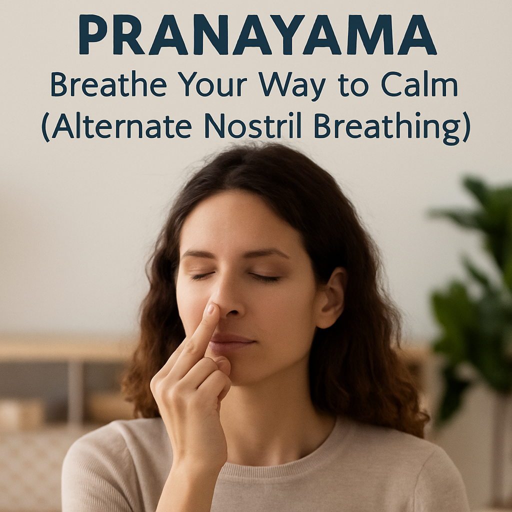 A young woman with closed eyes sits peacefully while practicing alternate nostril breathing, a Pranayama technique to calm the nervous system.