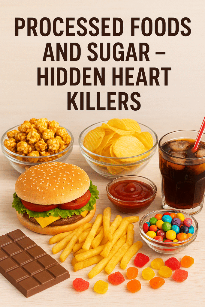 Processed foods like hamburgers, fries, soda, candy, and chips represent the hidden risks that junk food and sugar pose to one's heart health.