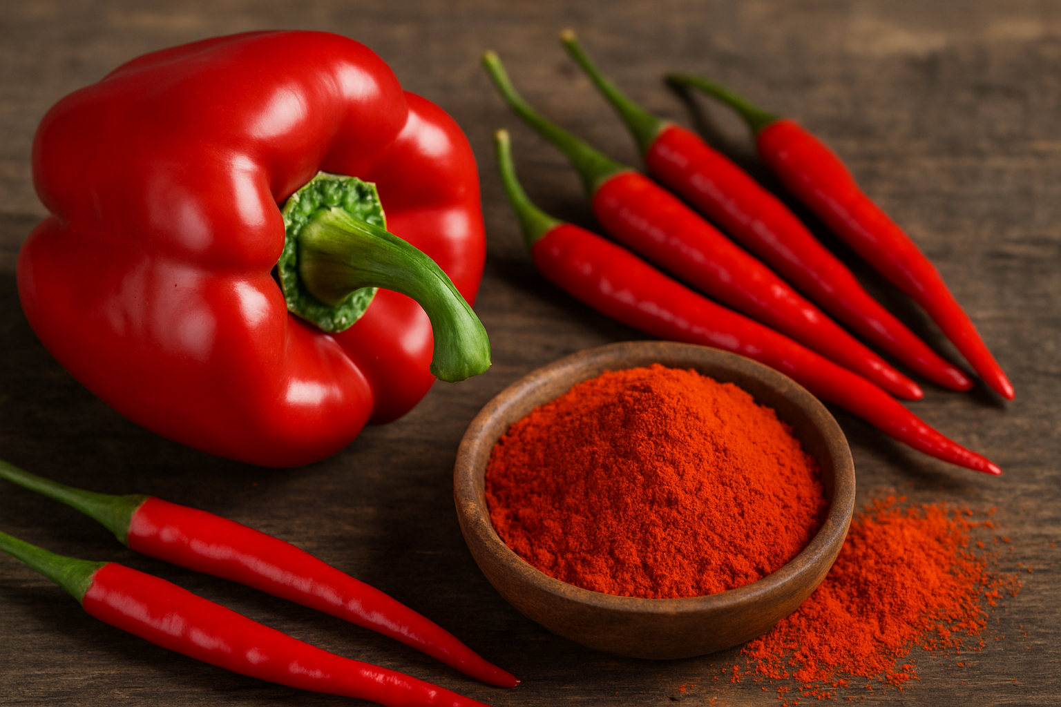 Red chili peppers, bell pepper, and paprika powder representing antioxidant benefits.