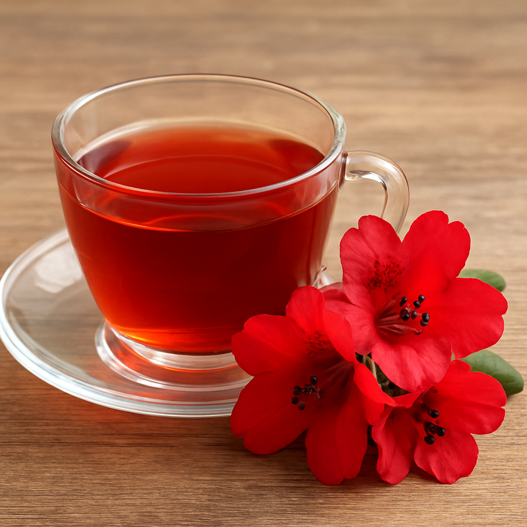 Glass cup filled with reddish-pink Rhododendron (Buransh) tea placed on a saucer, with bright red rhododendron flowers beside it on a wooden table.