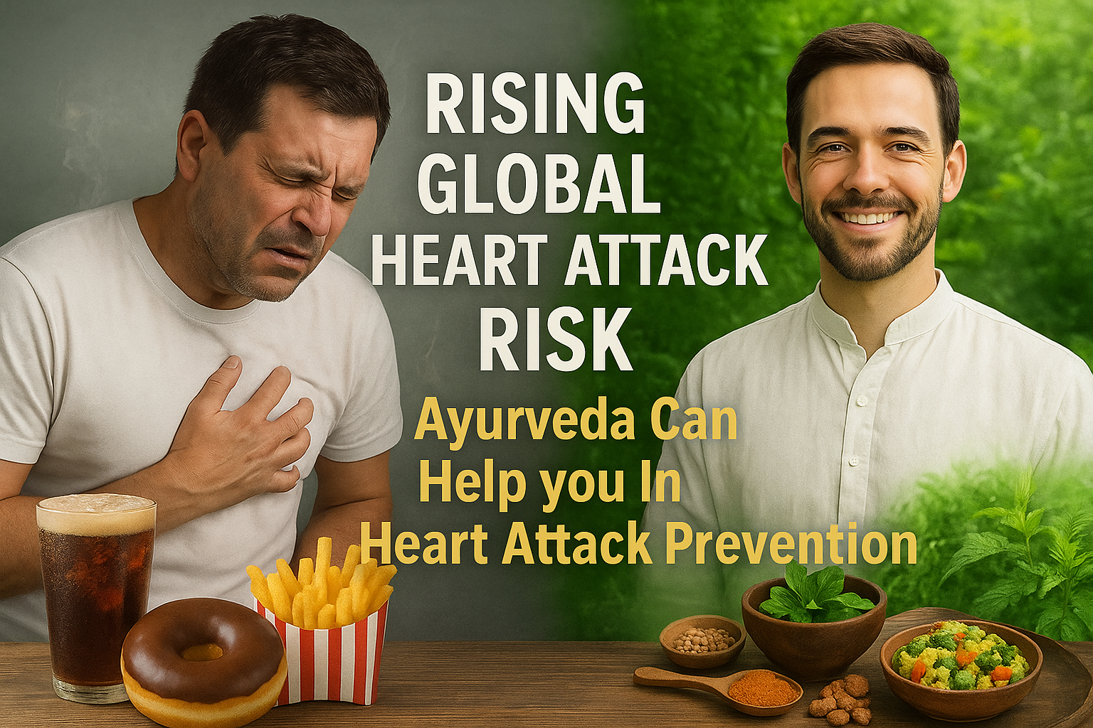 Split image highlight on the left, a man suffering a heart attack for having junk food and smoking, contradictorily with a happy man having by Ayurvedic food and greenery on the right, showing prevention and healthy living.