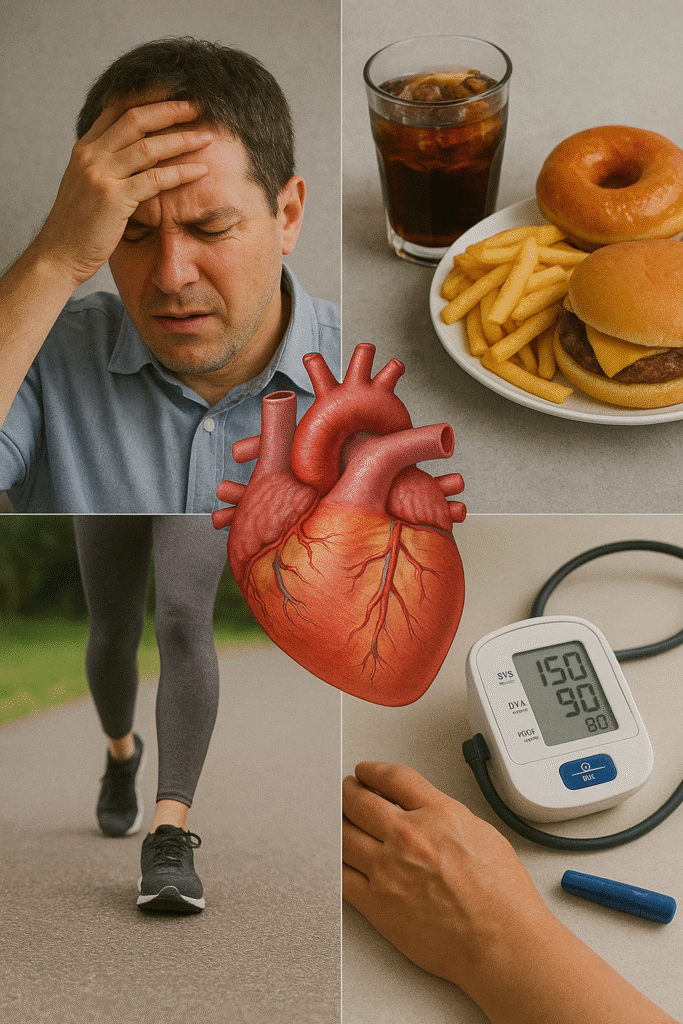 This image highlights a stressed man with junk food, high blood pressure monitor, and a heart image, representing the way stress, diet, inactivity, with hypertension, cholesterol, with diabetes leads to heart attacks.