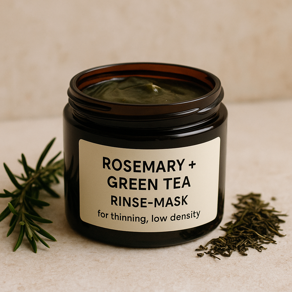 A jar of Rosemary + Green Tea Rinse-Mask with green herbal paste inside, placed beside fresh rosemary sprigs and loose green tea leaves.