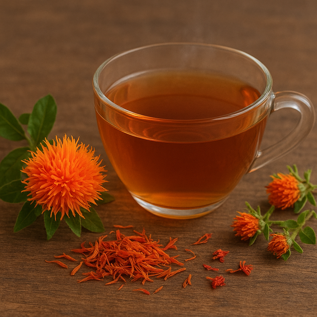 Glass cup of safflower tea with fresh safflower blooms and dried petals on a wooden surface