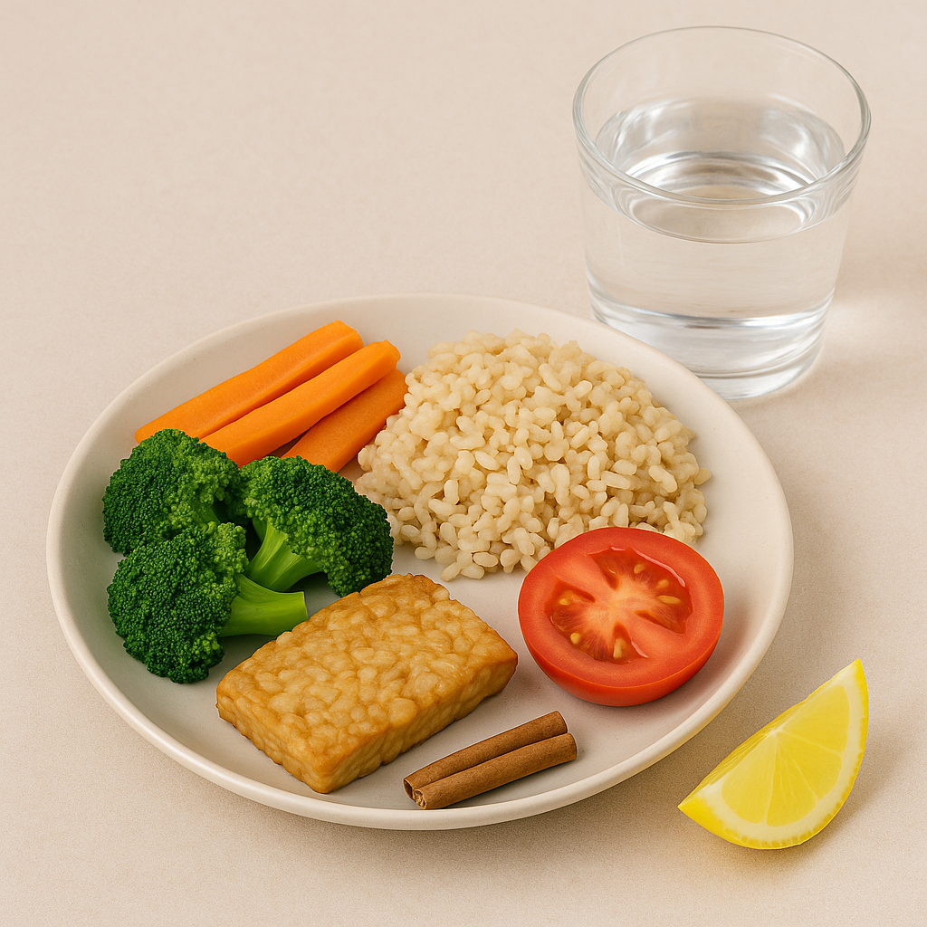 Plate of sattvic no-oil meal with brown rice, steamed broccoli, carrot sticks, tomato slice, tempeh, cinnamon stick, a glass of water, and a lemon wedge.