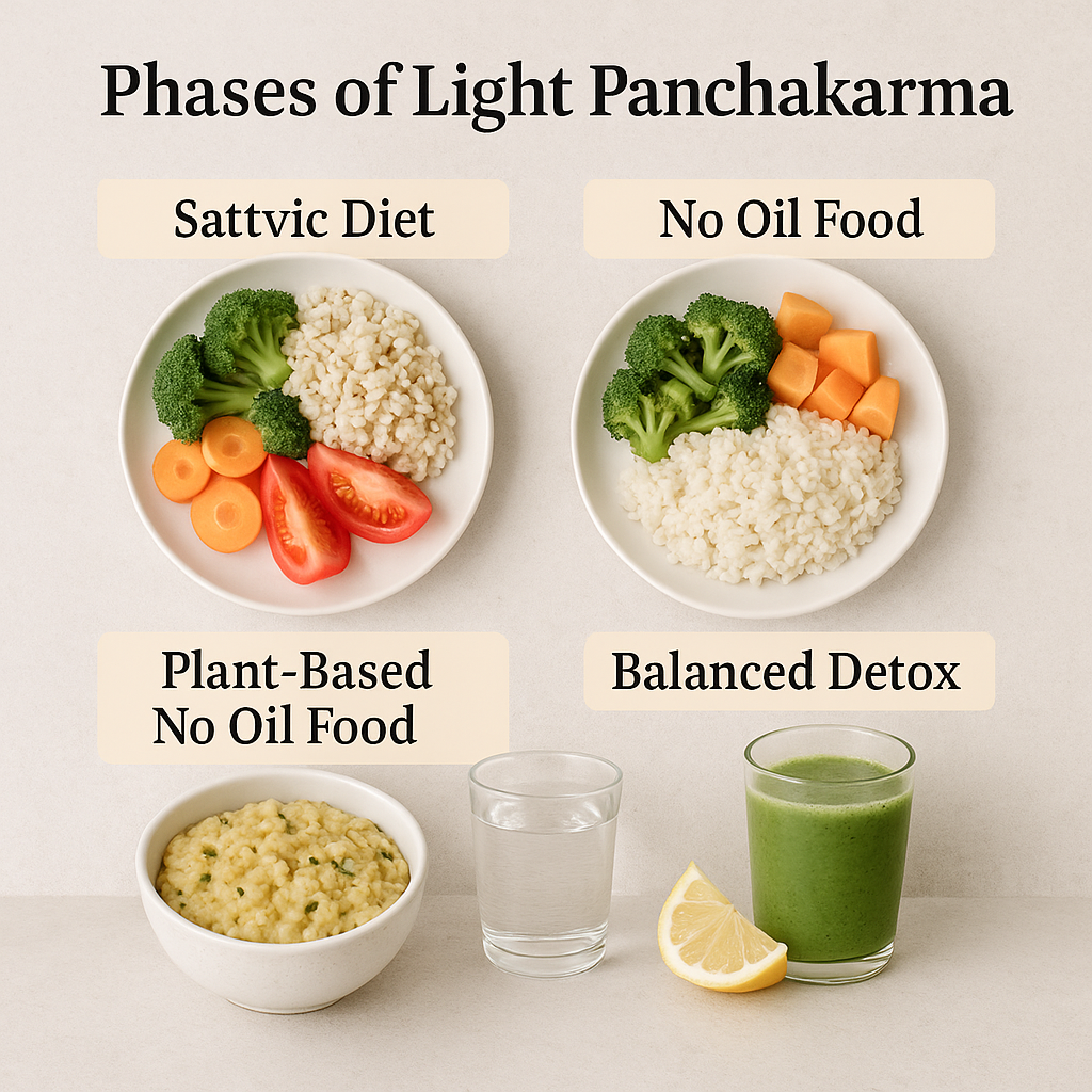 Educational chart showing four phases of Light Panchakarma with sattvic diet vegetables and rice, no oil food with steamed vegetables, plant-based khichdi, and balanced detox drinks.