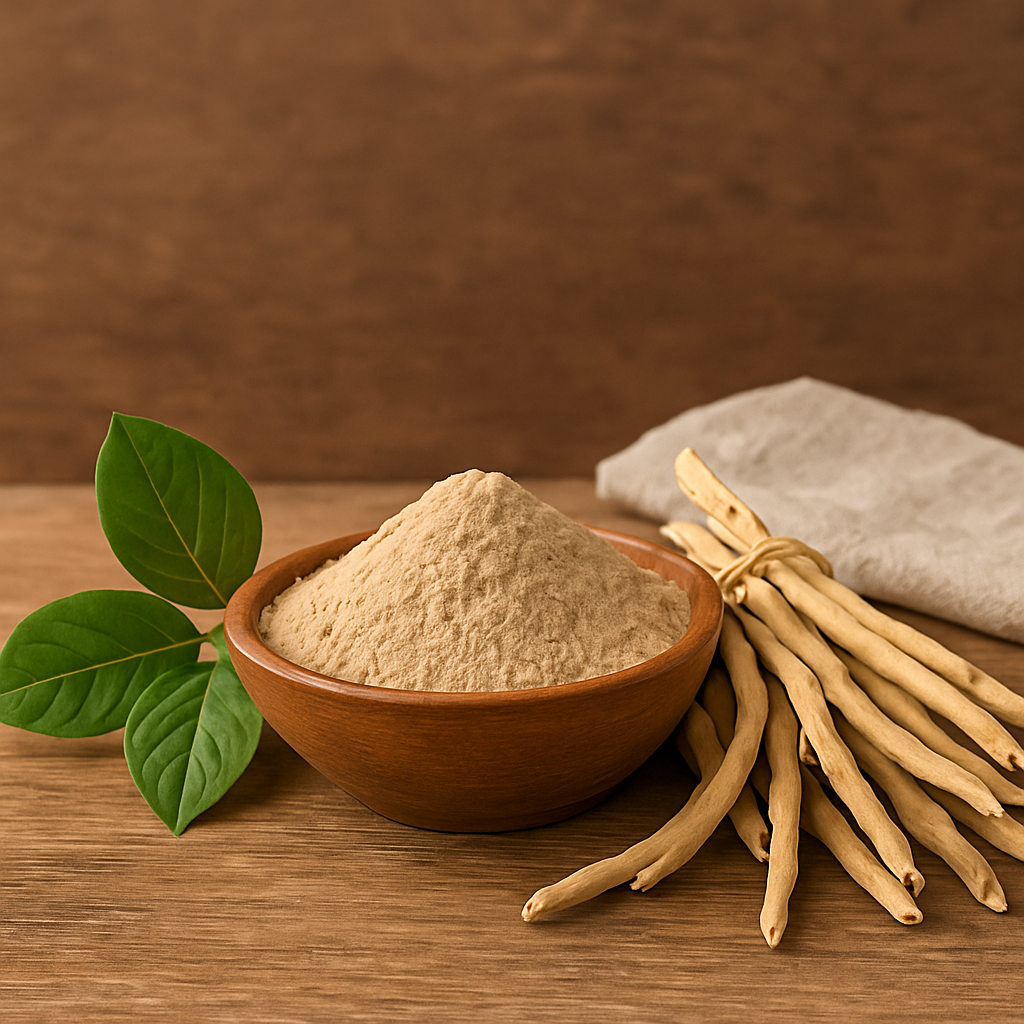 Shatavari roots, fresh green leaves, and powdered herb in a wooden bowl on a rustic surface.