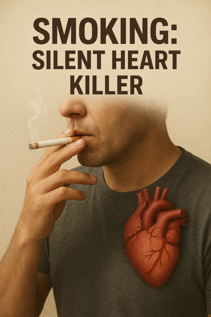 A realistic picture of a man smoking a cigarette with a precise graphic of a human heart on his chest, signifying the connection between heart disease and smoking.