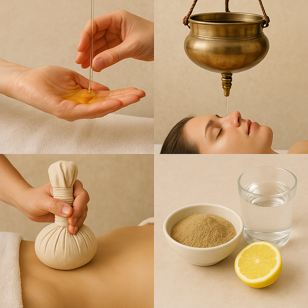 A four-part collage showing Panchakarma therapies: oil pouring onto a hand (Snehana), Shirodhara oil stream on forehead (Swedana), herbal bolus massage on the back (Basti), and natural detox ingredients with herbs, lemon, and water (Virechana).