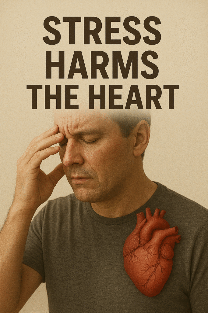 Anatomical graphic of a heart covering the chest of a realistic picture of a stressed-out man gripping his forehead in discomfort, signifying the negative effects of stress on heart health.