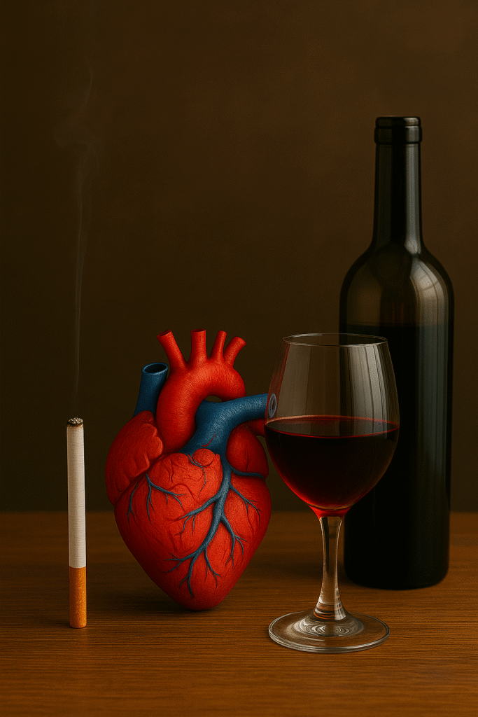 On a wooden table, a glass of red wine, a bottle of wine, and a lit cigarette spewing smoke are surrounded by a realistic human heart in a symbolic still life.