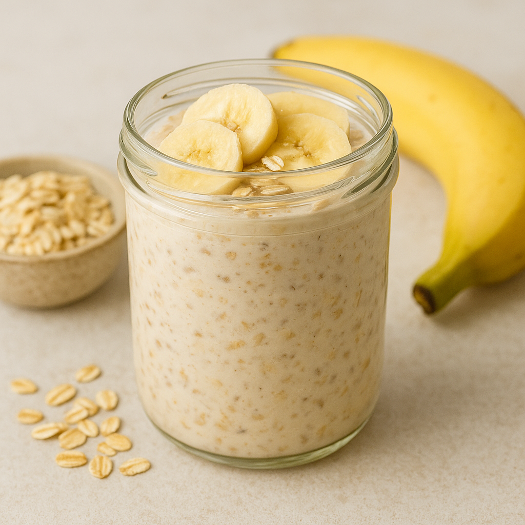 A glass jar filled with creamy overnight oats topped with banana slices, placed beside a banana and a small bowl of rolled oats.