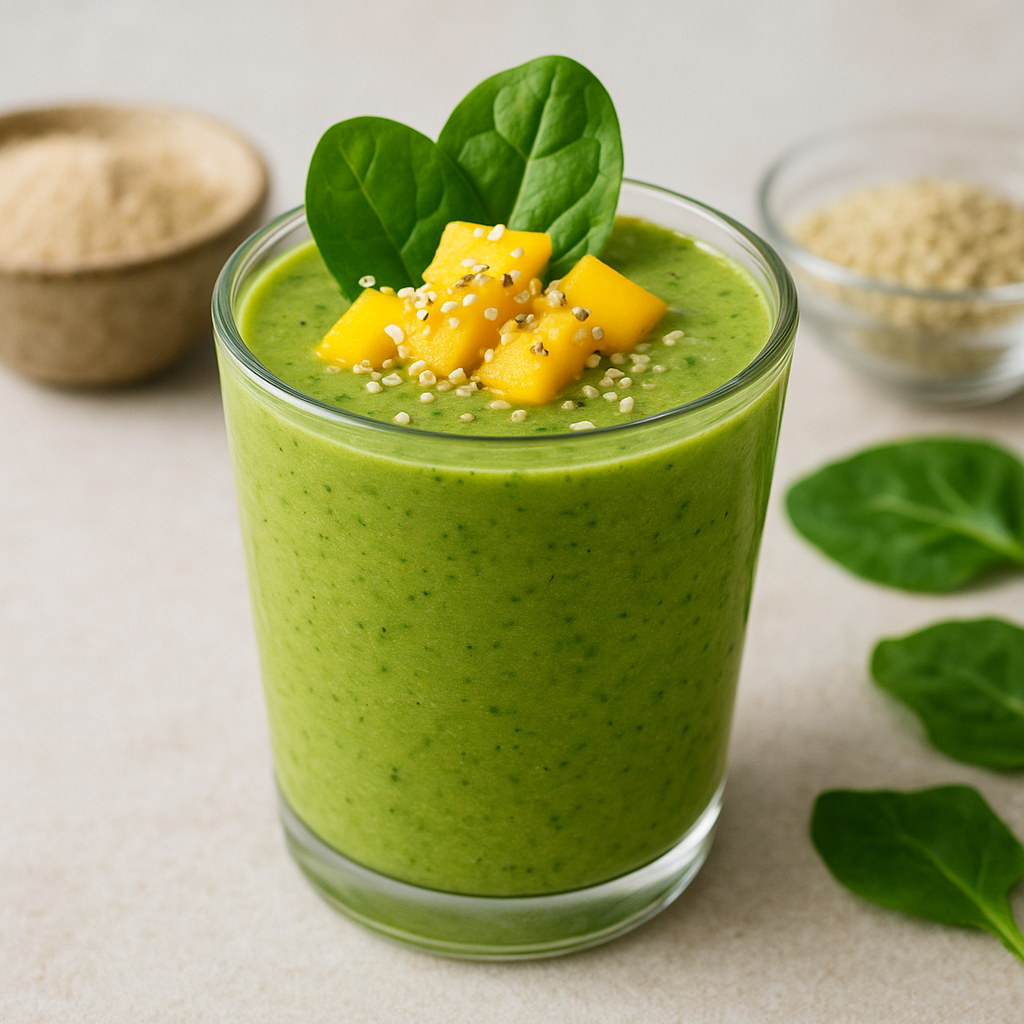 A glass of green smoothie topped with mango cubes, spinach leaves, and hemp seeds, with sattu powder and spinach leaves placed nearby.