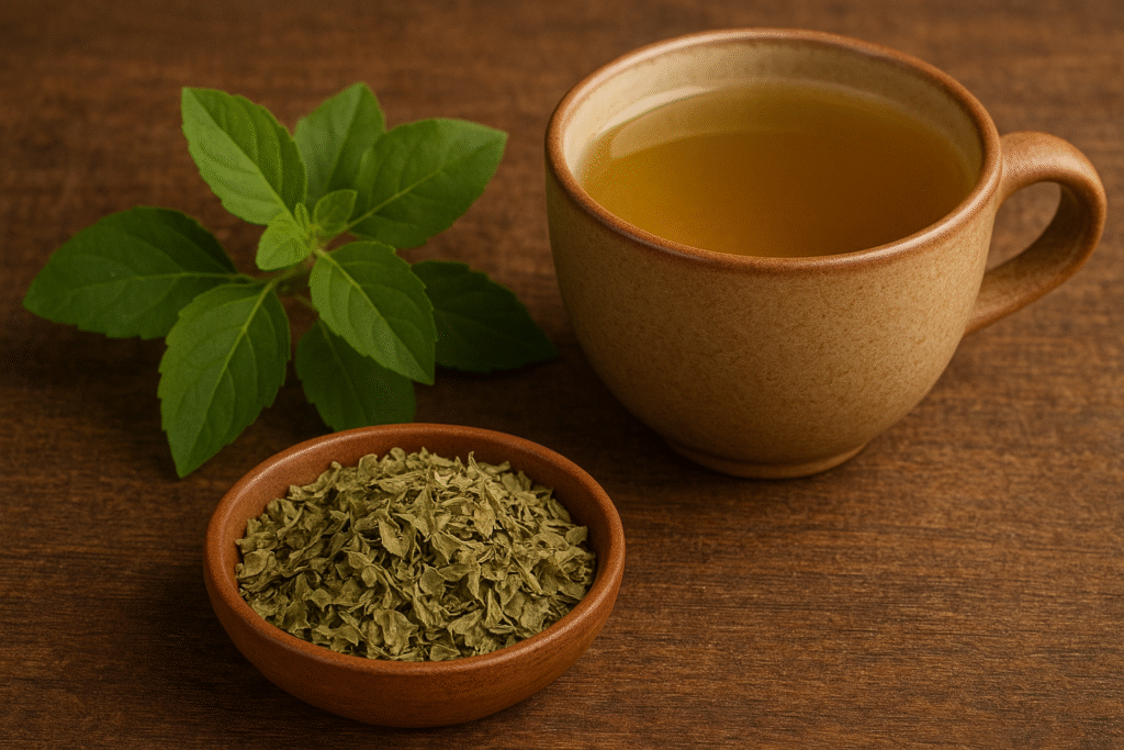 Fresh tulsi leaves and a small dish of dried tulsi leaves are set out on a hardwood surface alongside a warm cup of tulsi tea.
