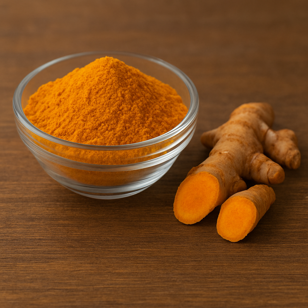On a hardwood platform, fresh turmeric rhizomes are positioned next to a glass basin containing turmeric powder.