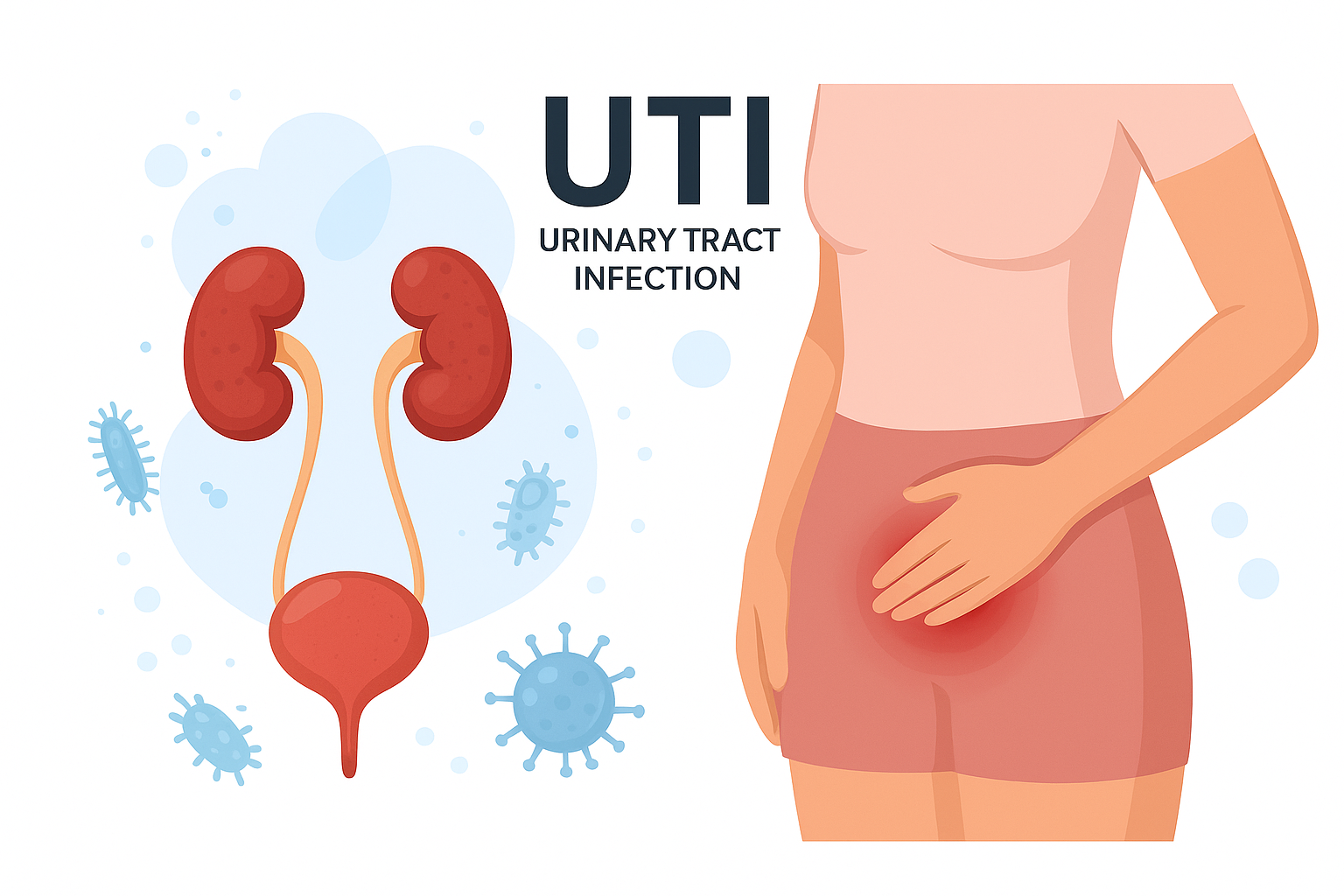 Medical illustration of UTI in women with urinary system diagram and highlighted bladder infection.