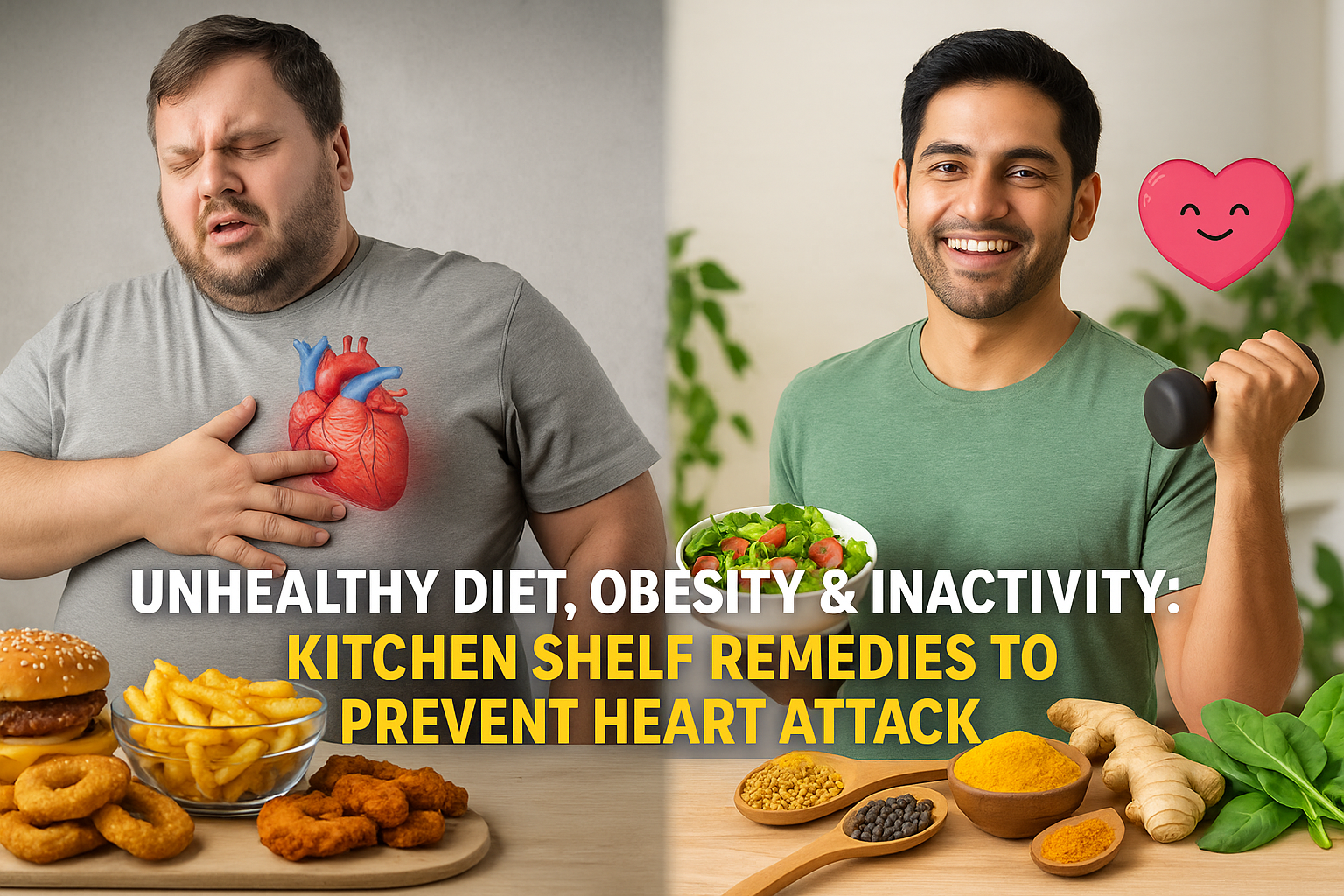 A happy, healthy man with a salad and Ayurvedic spices like ginger, fenugreek, and turmeric on the right represents heart health through lifestyle choices, while an overweight man with fast food and chest pain is depicted on the left in this split image.