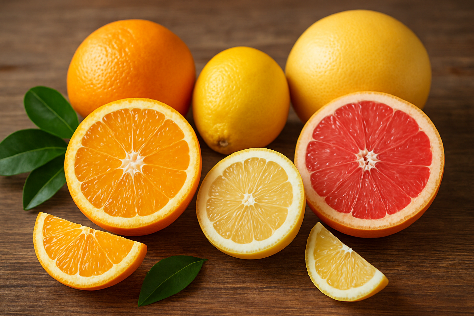 Oranges, lemons, with grapefruit illustrating Vitamin Crich citrus fruits. It helps for immunity, anti-ageing, and detox benefits.