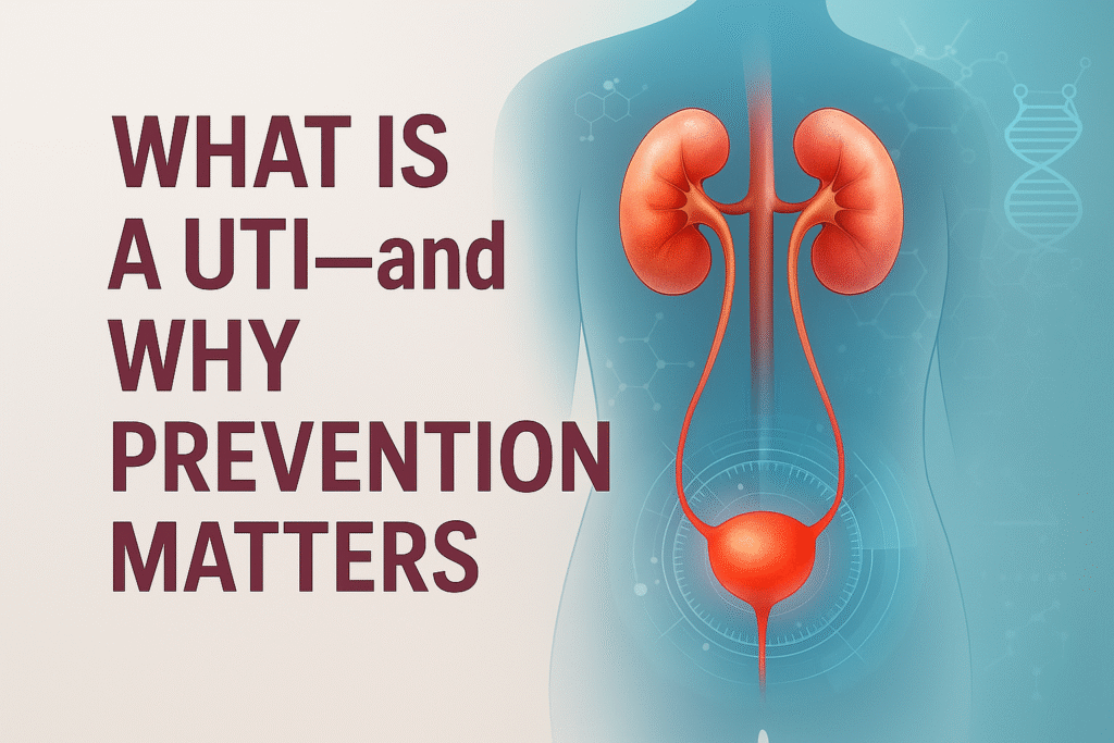 Medical illustration of human urinary tract system with kidneys, ureters, and bladder, highlighting urinary tract infection prevention