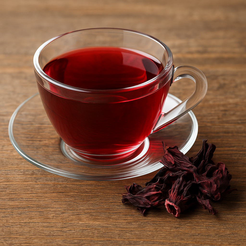 Transparent glass cup filled with rich red hibiscus tea, placed on a saucer beside dried hibiscus petals on a wooden table.