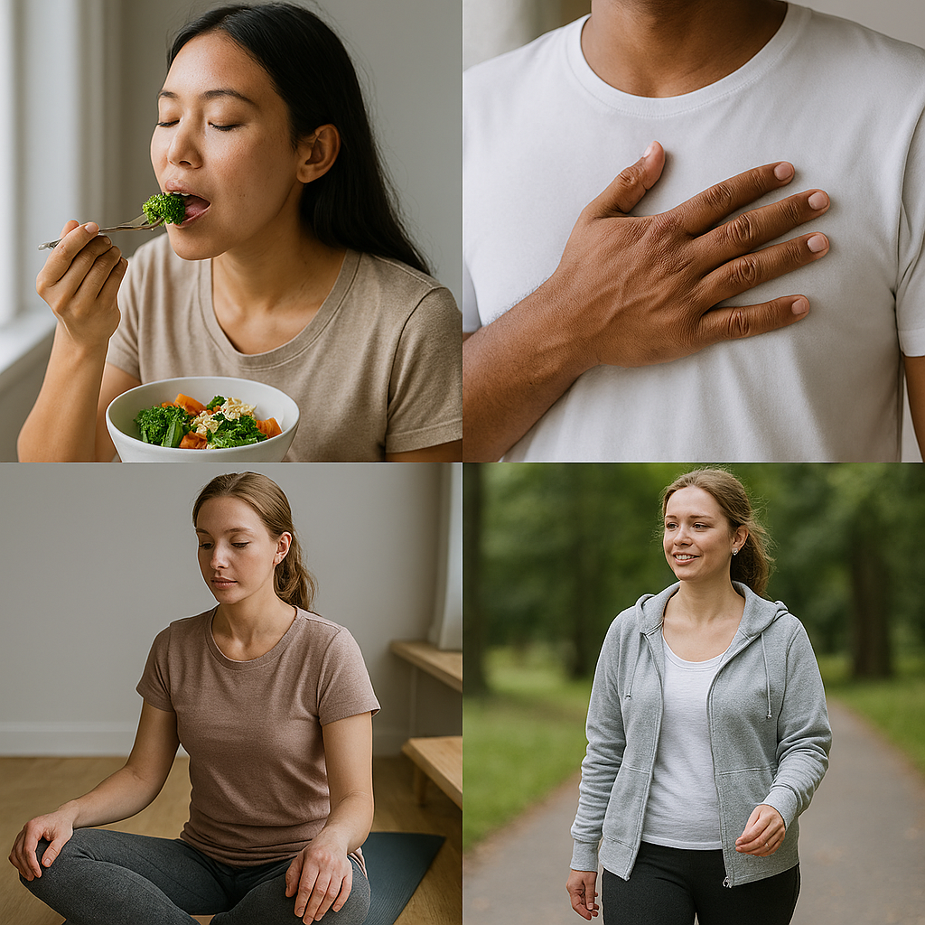 Collage of five realistic photos showing heart-supportive activities: a woman slowly chewing vegetables, a person placing a hand over their heart, a woman practicing seated yoga, another walking outdoors, and one writing in a journal by a window.