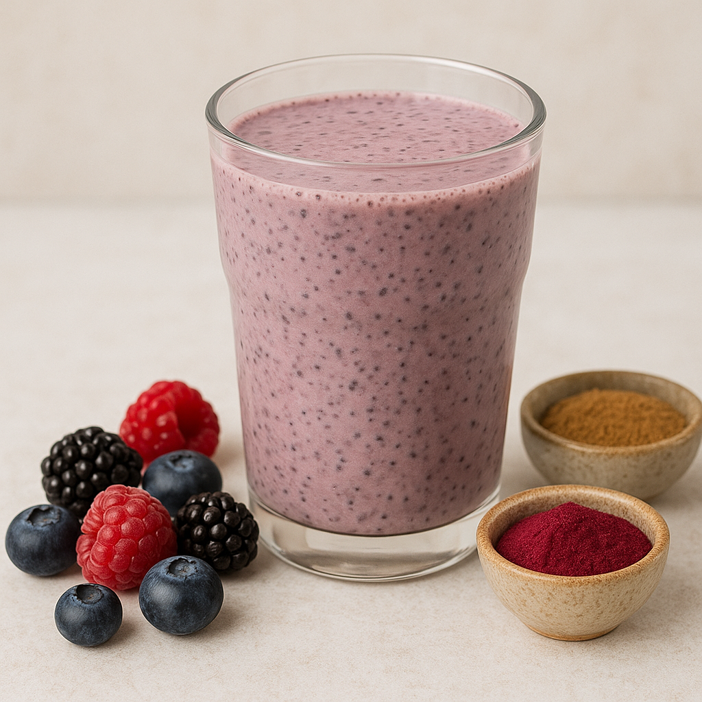 Glass of berry-beet smoothie made with beetroot powder, mixed berries, chia seeds, cordyceps powder, and plant milk, surrounded by ingredients