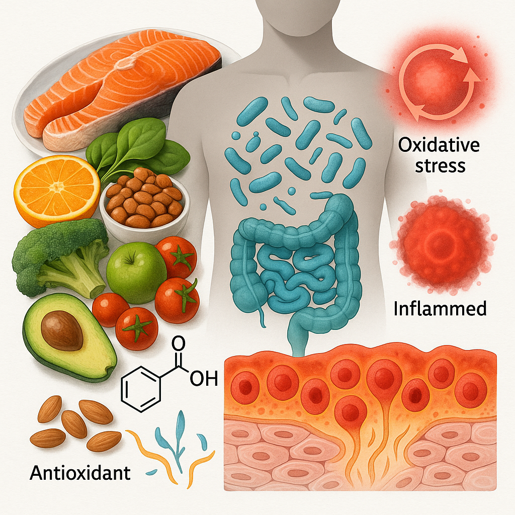 Illustration showing healthy foods, gut microbiome, antioxidants, and effects of inflammation and oxidative stress.