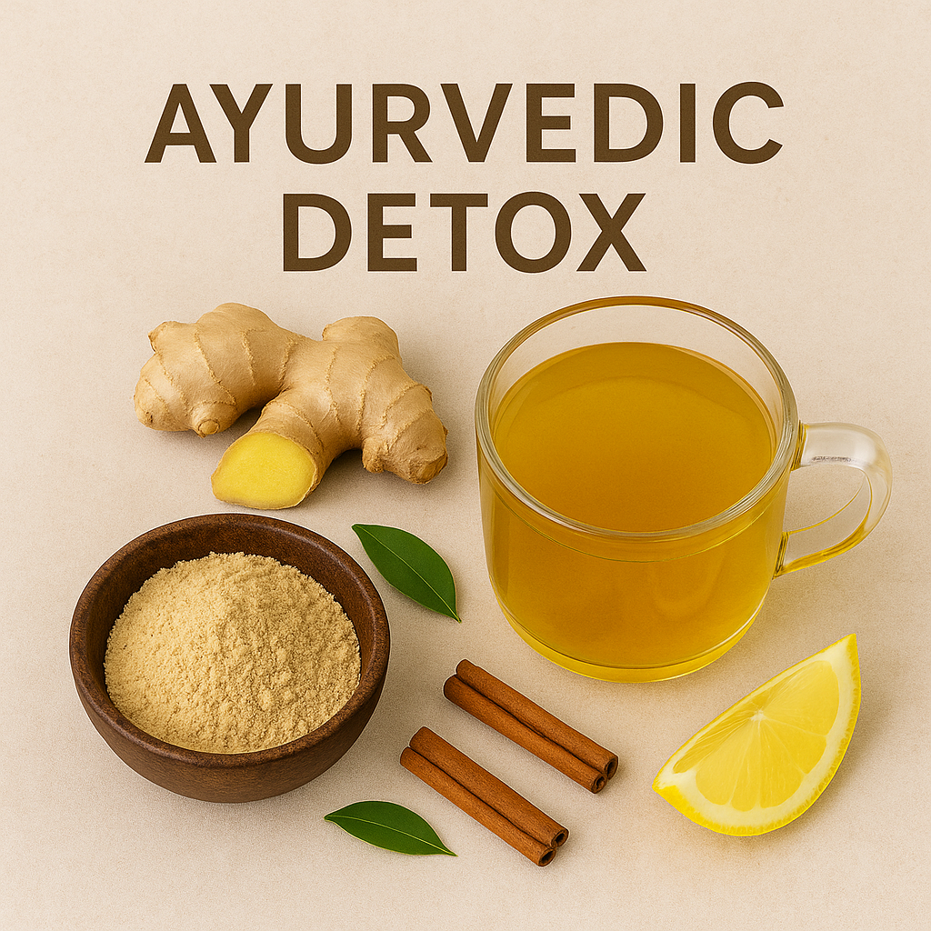 Ayurvedic detox setup featuring a glass of herbal tea, ginger root, lemon wedge, cinnamon sticks, green leaves, and a bowl of herbal powder on a beige background.