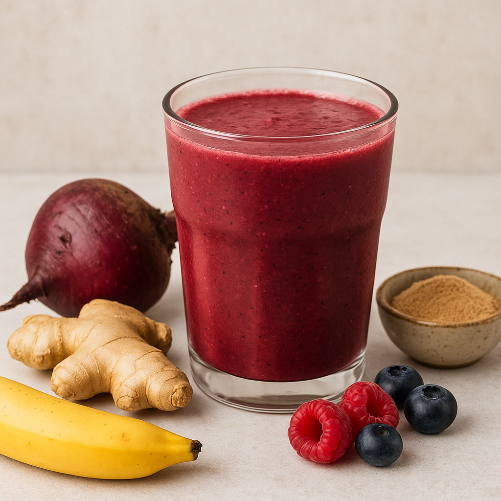 Glass of beetroot-ginger adaptogen smoothie with fresh beet, ginger root, banana, berries, and adaptogen powder