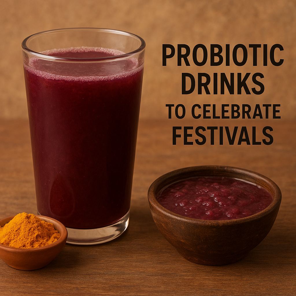 A glass of purple kanji with a small bowl of the probiotic drink and turmeric, representing a traditional probiotic beverage enjoyed during Indian festivals like Holi