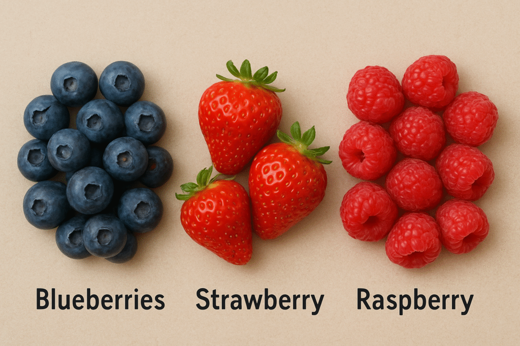 Realistic image of fresh blueberries, strawberries, and raspberries arranged side by side on a neutral background.