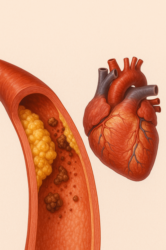 A heart next to a blocked artery with fat deposits and pollutants blocking blood flow is depicted in a medical illustration.