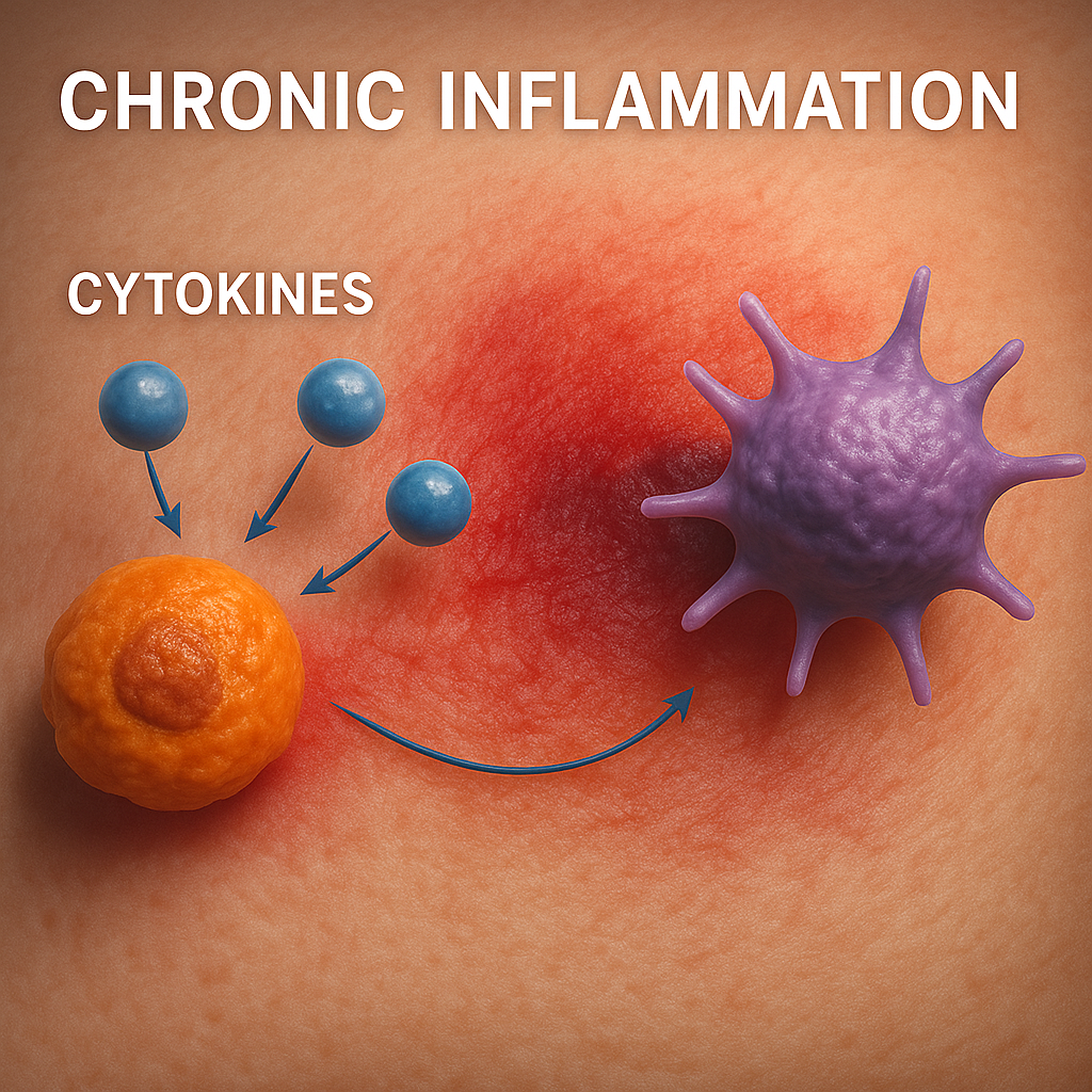 3D realistic medical illustration showing immune cells releasing cytokines that cause chronic inflammation on tissue.