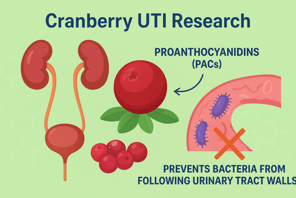 ducational illustration showing cranberries, urinary tract system, and proanthocyanidins (PACs) blocking bacteria from adhering to urinary tract walls