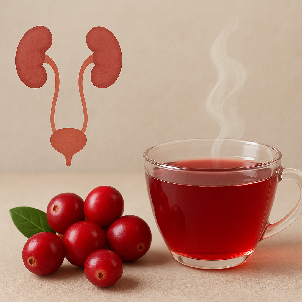 Glass cup of steaming cranberry tea with fresh cranberries and a urinary tract illustration, symbolizing natural support for UTI prevention