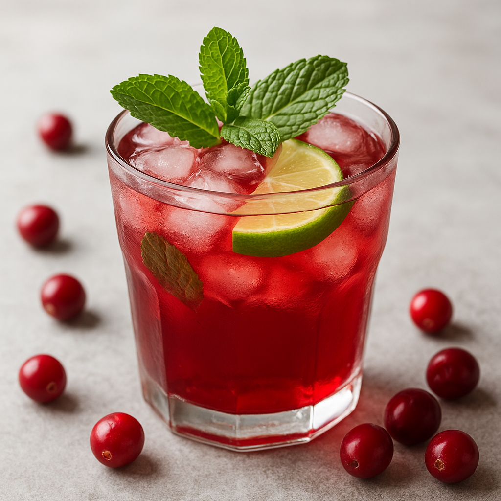 A glass of brewed cranberry juice served mojito-style with ice cubes, lime wedge, fresh mint leaves, and scattered cranberries.