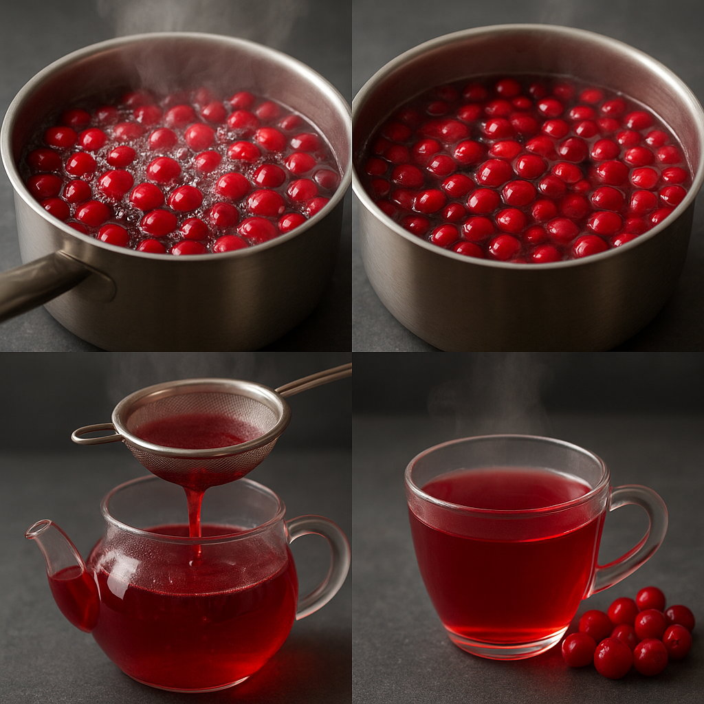 Four-panel image showing the process of making cranberry tea – boiling cranberries, simmering in water, straining into a teapot, and serving steaming red tea in a glass cup with fresh cranberries.