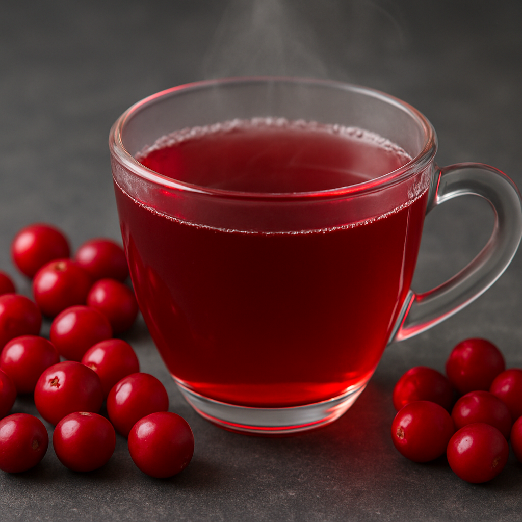 Transparent glass cup filled with deep red cranberry tea, surrounded by fresh cranberries, with steam rising from the hot drink.