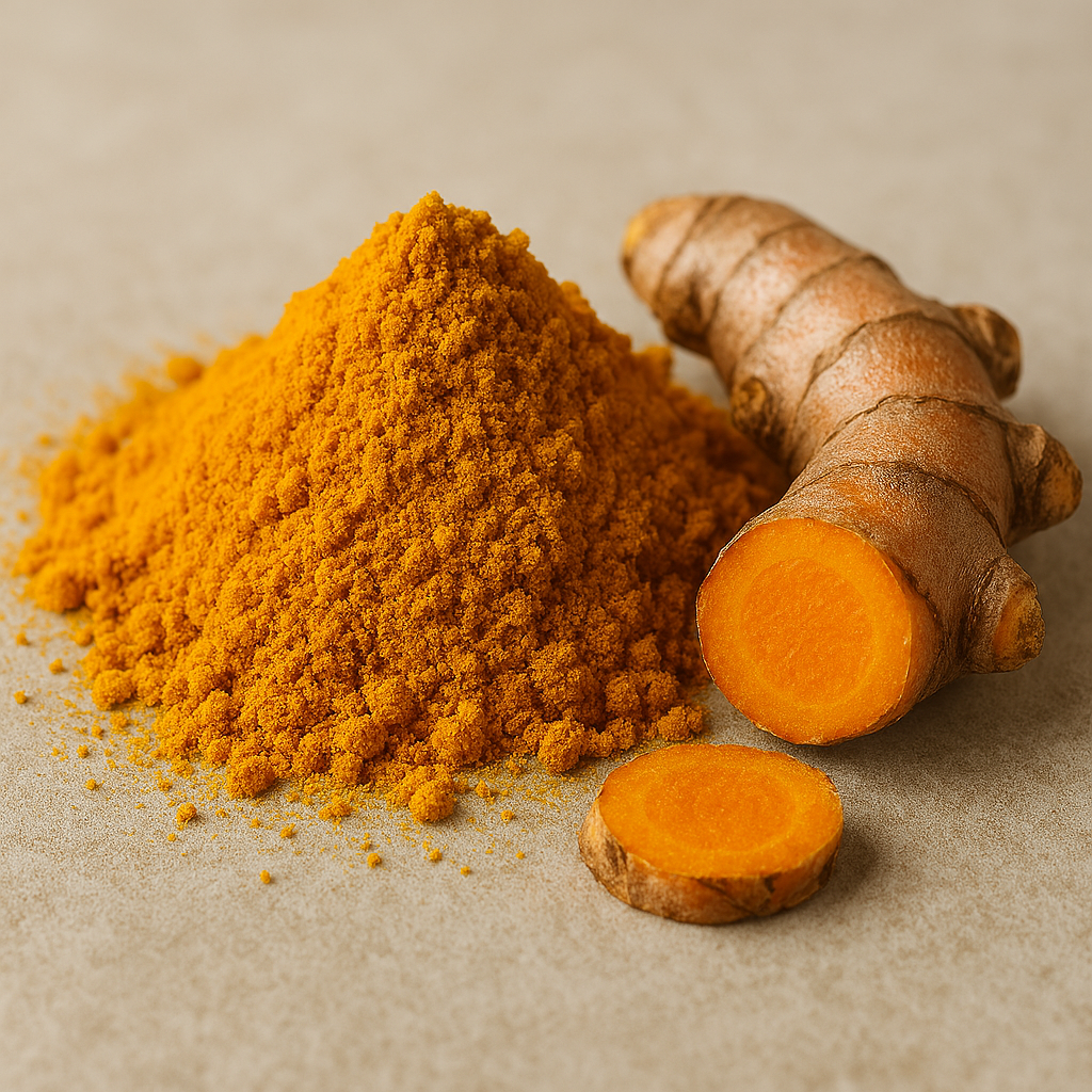 A close-up of turmeric powder and fresh turmeric root on a neutral surface. The golden-yellow powder is finely ground, and the sliced root reveals a rich orange interior, highlighting turmeric’s natural vibrancy and anti-inflammatory properties.