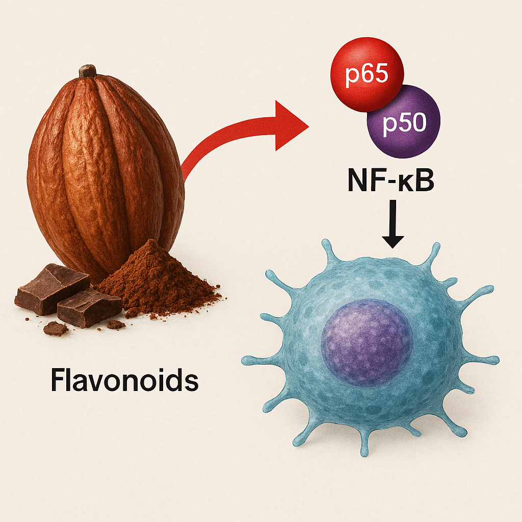 Realistic scientific illustration showing cocoa pod, cocoa powder, and broken cocoa pieces linked by a red arrow to an inhibited NF-κB molecule (p65/p50 dimer), with a healthy human cell depicted on the right, symbolizing cellular protection.