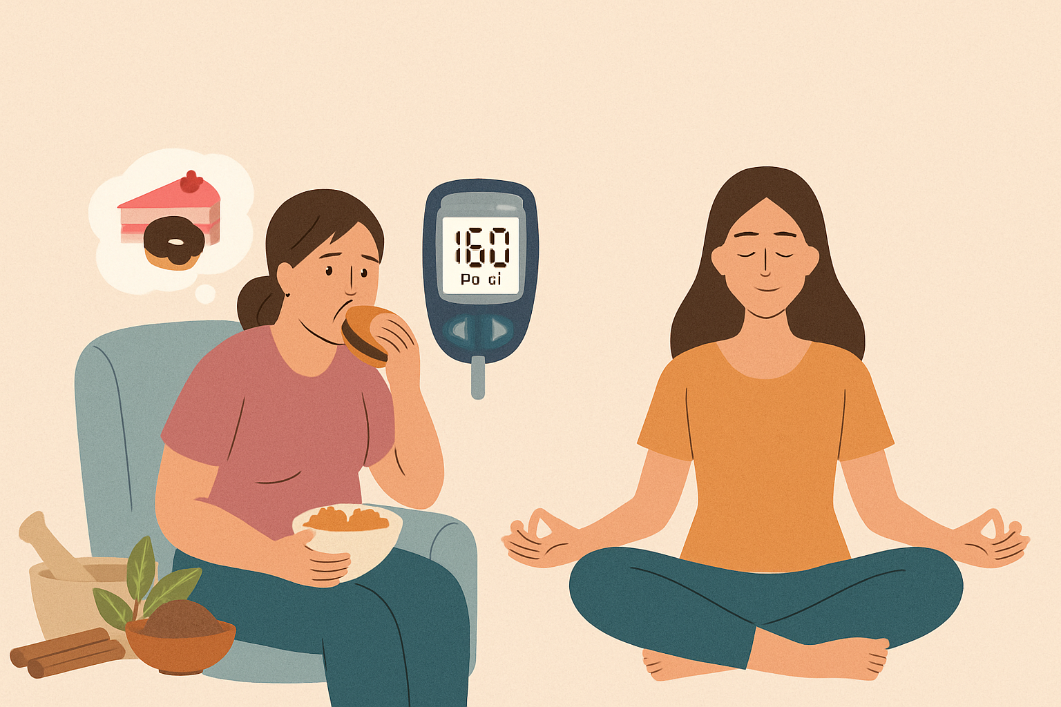 Illustration showing a woman with diabetes emotionally eating junk food on one side, and another woman practicing meditation with Ayurvedic herbs on the other side, highlighting the contrast between unhealthy cravings and natural holistic balance.
