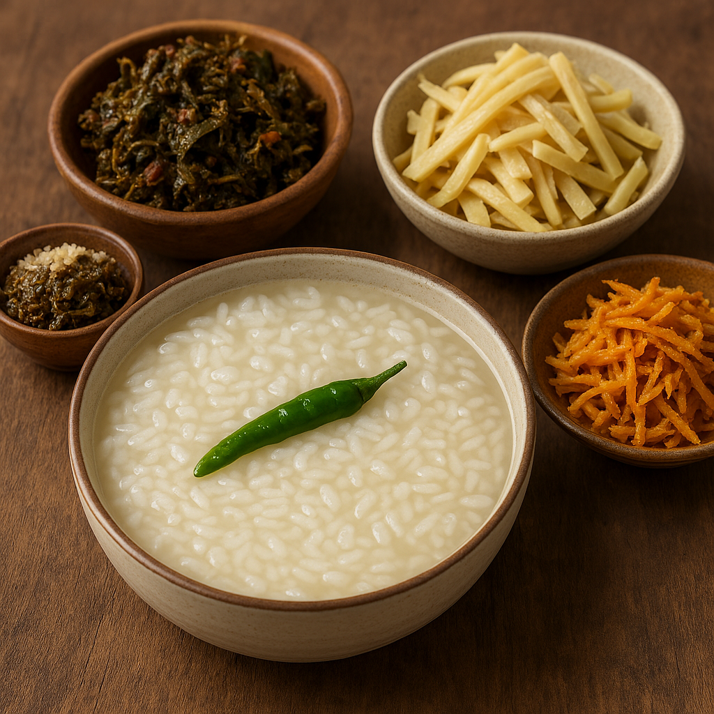 Four traditional fermented dishes—Pakhala (rice in fermented water with green chili), Gundruk (dried leafy greens), sliced bamboo shoots, and shredded Khorisa—served in ceramic and wooden bowls on a rustic wooden table.