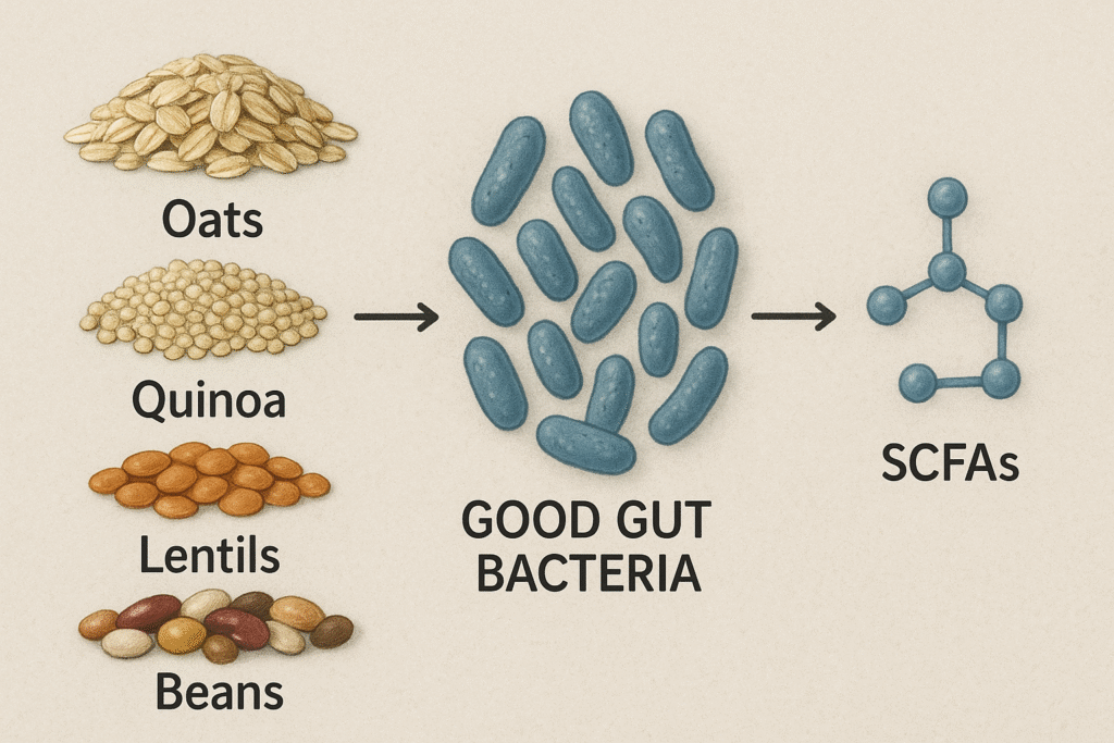 Illustration of oats, quinoa, lentils, and beans supporting good gut bacteria that produce short-chain fatty acids (SCFAs).