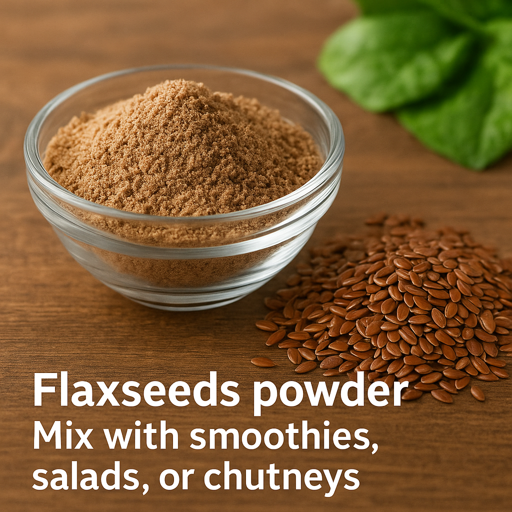 A wooden platform with a dish of flaxseed powder next to whole flaxseeds, signifying its use in chutneys, salads, and smoothies.