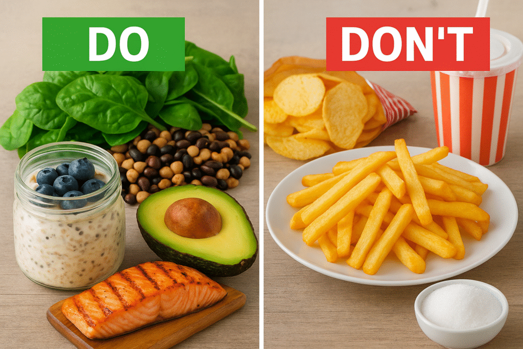 Healthy vs unhealthy foods – overnight oats, leafy greens, beans, avocado, and grilled salmon compared with fried foods, chips, soda, and sugar