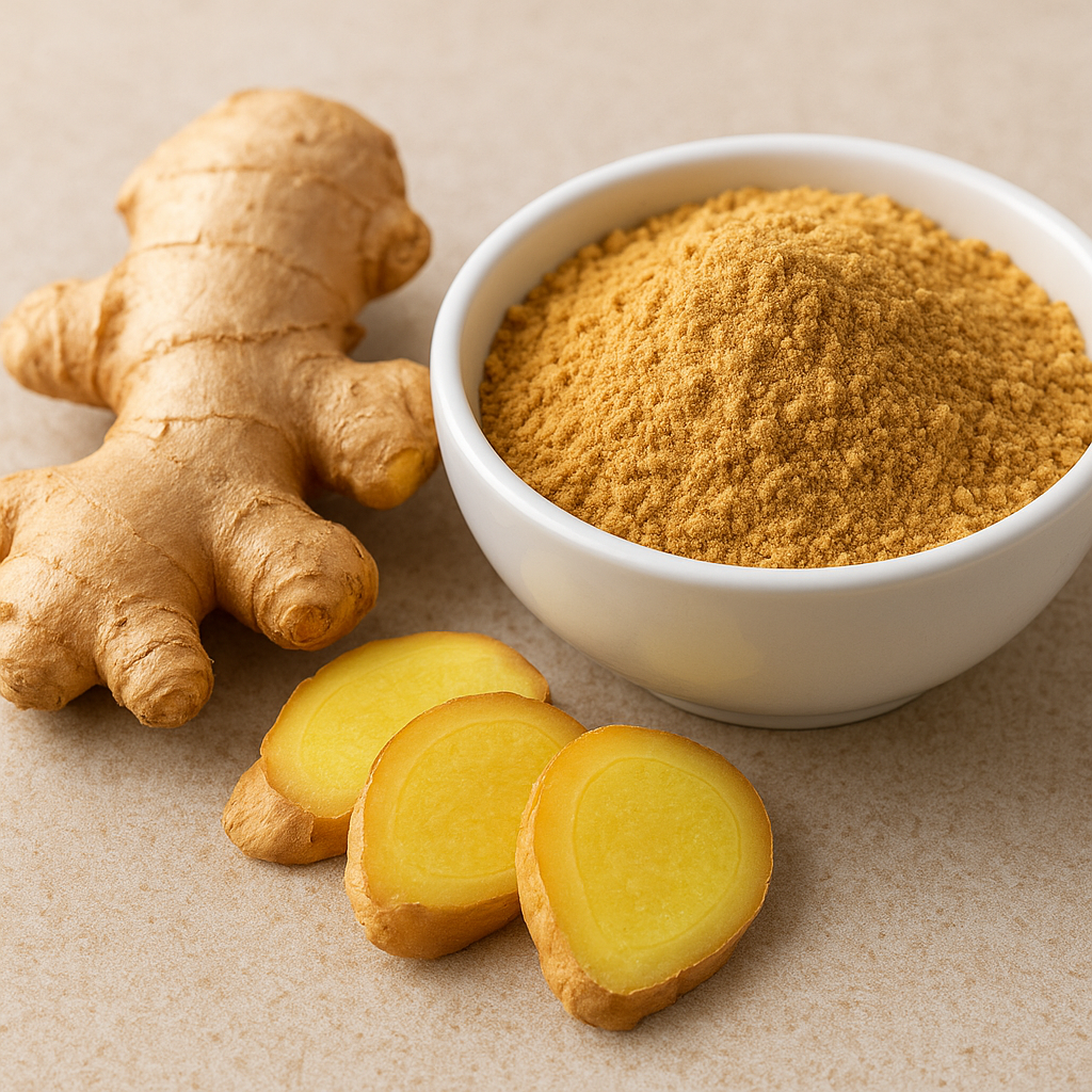 Realistic image of fresh ginger root, ginger slices, and a bowl of ginger powder highlighting its anti-inflammatory properties.